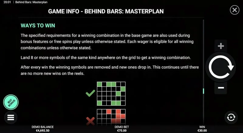 Behind Bars Masterplan – Podsumowanie linii wygrywających i kombinacji